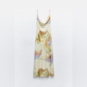 ZARA GREEN PRINTED TULLE DRESS Size M NWOT